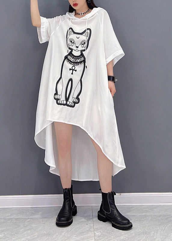 Natural White O-Neck Print Low High Design Chiffon Hooded Dress Three Quarter Sleeve