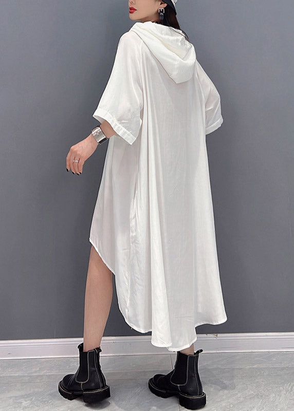 Natural White O-Neck Print Low High Design Chiffon Hooded Dress Three Quarter Sleeve