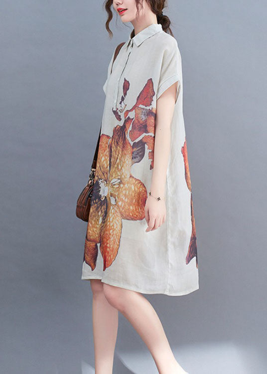 Natural White PeterPan Collar Button Print Summer Short Sleeve Dress