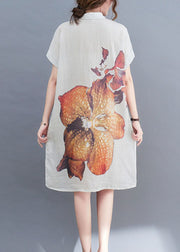 Natural White PeterPan Collar Button Print Summer Short Sleeve Dress