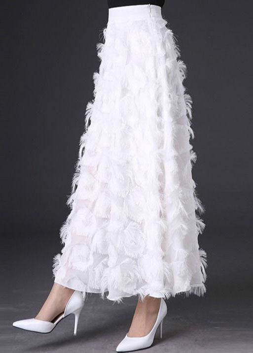 Natural White Tasseled Chiffon Skirts Spring