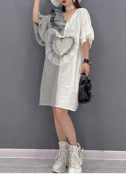 Natural White V Neck Chalaza Patchwork Tulle Mid Dresses Flare Sleeve