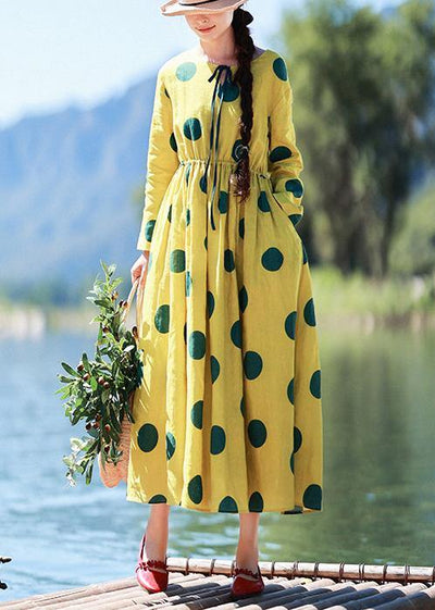 Natural Yellow Dotted Tunic Dress O Neck Pockets Art Dress - SooLinen