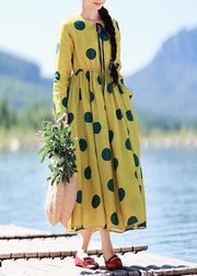 Natural Yellow Dotted Tunic Dress O Neck Pockets Art Dress - SooLinen