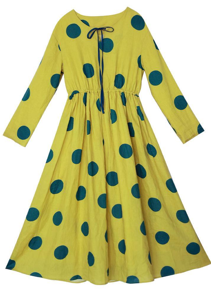 Natural Yellow Dotted Tunic Dress O Neck Pockets Art Dress - SooLinen