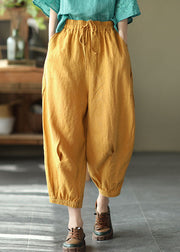 Natural Yellow Elastic Waist Pockets Linen Crop Pants Summer