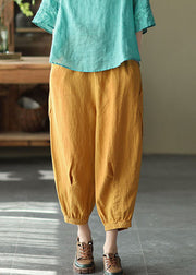 Natural Yellow Elastic Waist Pockets Linen Crop Pants Summer