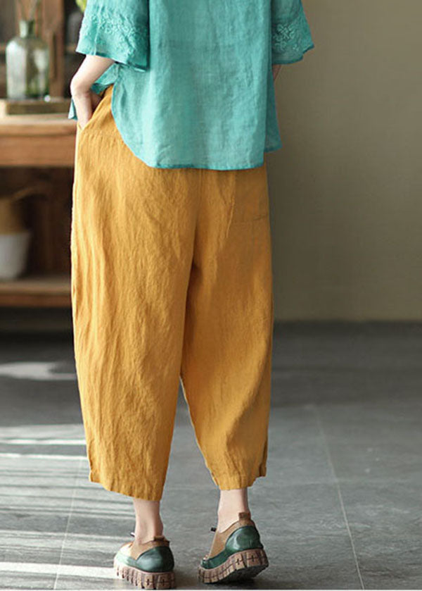 Natural Yellow Elastic Waist Pockets Linen Crop Pants Summer