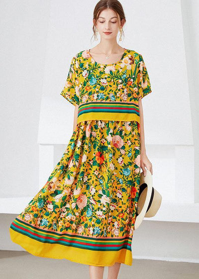 Natural Yellow Loose O-Neck Print Summer Robe Dresses Half Sleeve - SooLinen