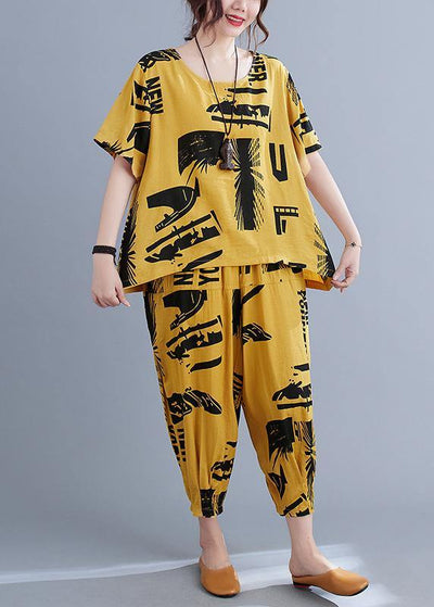 Natural Yellow Print  Half Sleeve Summer Two Pieces Set - SooLinen