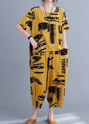 Natural Yellow Print  Half Sleeve Summer Two Pieces Set - SooLinen