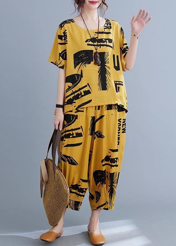 Natural Yellow Print  Half Sleeve Summer Two Pieces Set - SooLinen