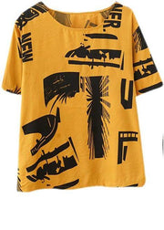 Natural Yellow Print  Half Sleeve Summer Two Pieces Set - SooLinen