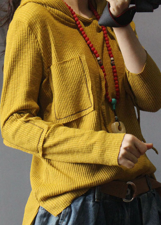 Natural Yellow hooded Casual Knit Fall Long sleeve Top