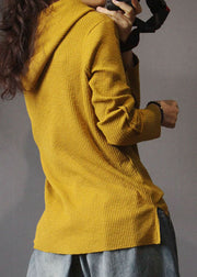 Natural Yellow hooded Casual Knit Fall Long sleeve Top