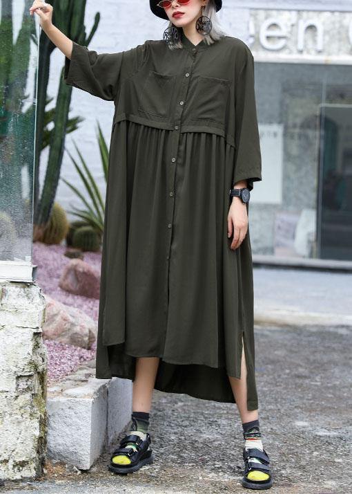 Natural army green chiffon dresses side open Traveling fall shirt Dress - SooLinen