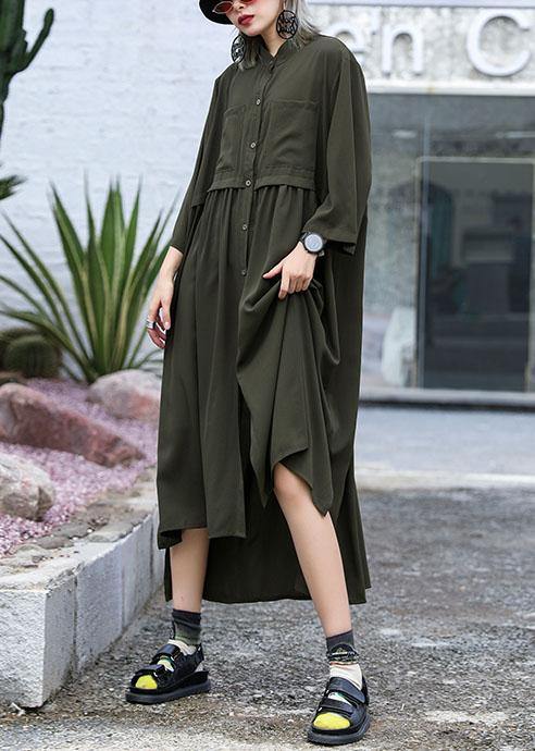 Natural army green chiffon dresses side open Traveling fall shirt Dress - SooLinen