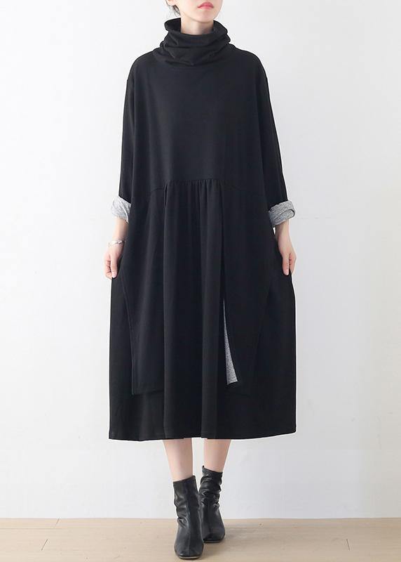 Natural black clothes high neck asymmetric robes Dress - SooLinen