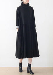 Natural black clothes high neck asymmetric robes Dress - SooLinen