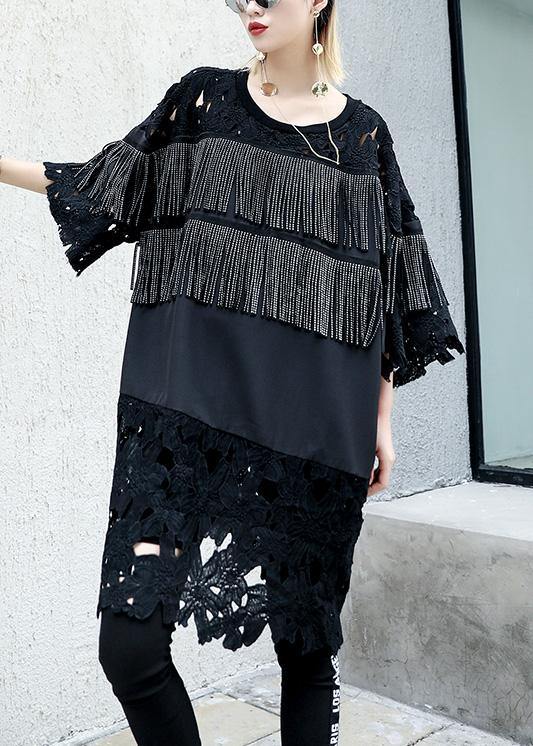 Natural black patchwork Cotton dresses tassel A Line summer Dresses - SooLinen