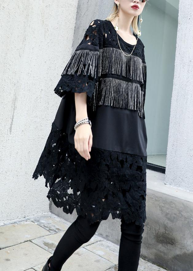 Natural black patchwork Cotton dresses tassel A Line summer Dresses - SooLinen