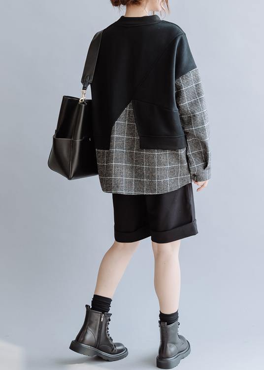 Natural black patchwork plaid Blouse o neck Knee blouses - SooLinen