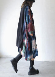 Natural black patchwork print dresses o neck asymmetric Traveling fall Dress - SooLinen