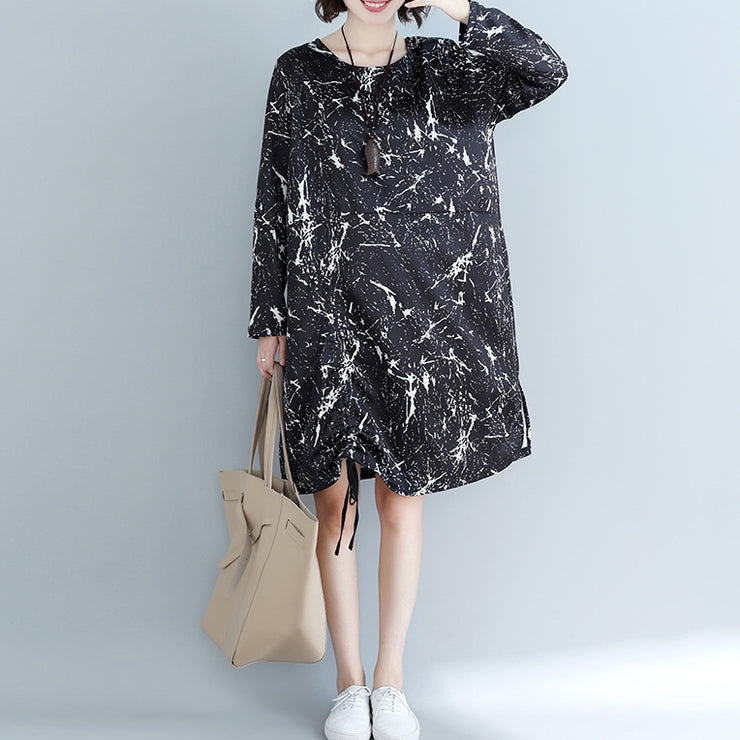 Natural black print Cotton dress 2024 Shape side open baggy Dress