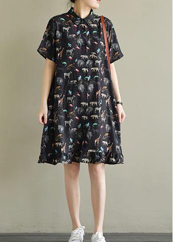 Natural black print chiffon dresses Fitted Shirts lapel short sleeve Kaftan Summer Dresses - SooLinen