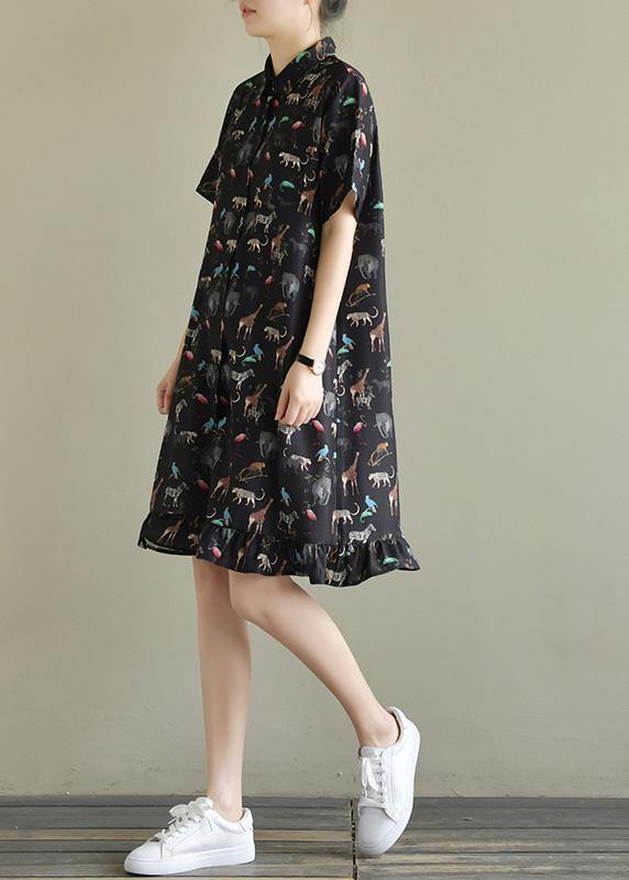 Natural black print chiffon dresses Fitted Shirts lapel short sleeve Kaftan Summer Dresses - SooLinen