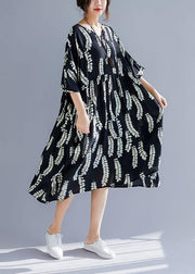 Natural black prints cotton Tunics v neck A Line summer Dresses - SooLinen