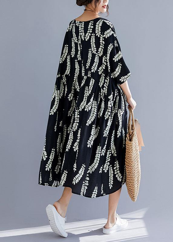 Natural black prints cotton Tunics v neck A Line summer Dresses - SooLinen