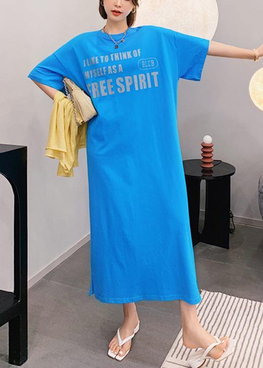 Natural blue Letter clothes Women o neck side open long Dress - SooLinen