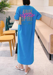 Natural blue Letter clothes Women o neck side open long Dress - SooLinen