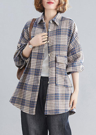 Natural blue plaid linen Blouse Fashion Ideas lapel Batwing Sleeve tops - SooLinen