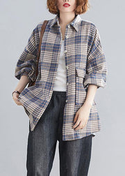 Natural blue plaid linen Blouse Fashion Ideas lapel Batwing Sleeve tops - SooLinen