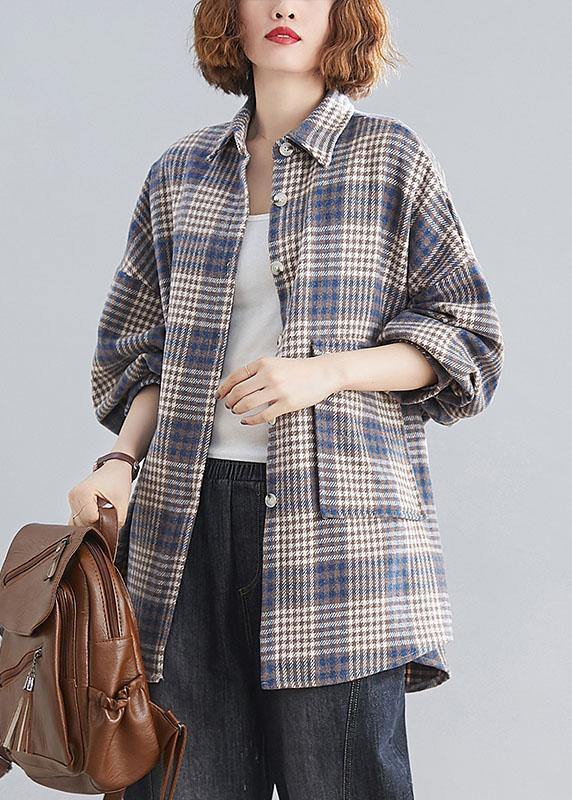 Natural blue plaid linen Blouse Fashion Ideas lapel Batwing Sleeve tops - SooLinen