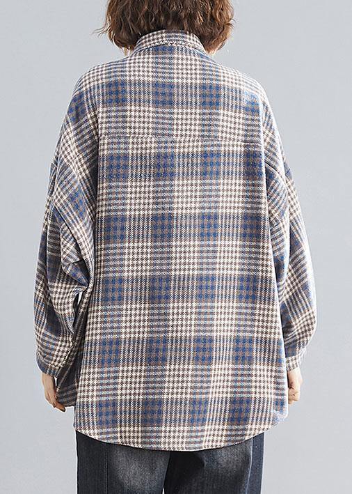 Natural blue plaid linen Blouse Fashion Ideas lapel Batwing Sleeve tops - SooLinen