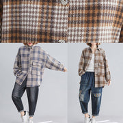 Natural blue plaid linen Blouse Fashion Ideas lapel Batwing Sleeve tops - SooLinen