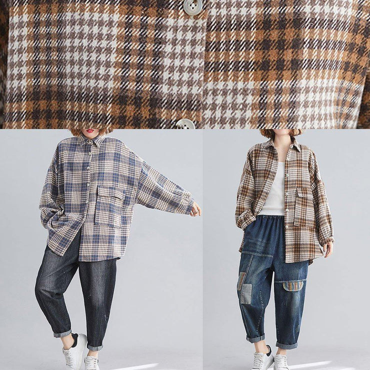 Natural blue plaid linen Blouse Fashion Ideas lapel Batwing Sleeve tops - SooLinen