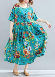 Natural blue print dresses o neck Cinched robes summer Dress - SooLinen