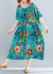 Natural blue print dresses o neck Cinched robes summer Dress - SooLinen