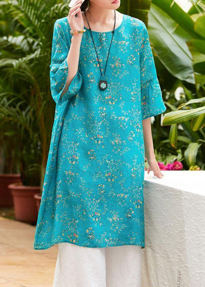 Natural blue print linen clothes o neck flare sleeve Midi summer Dress - SooLinen