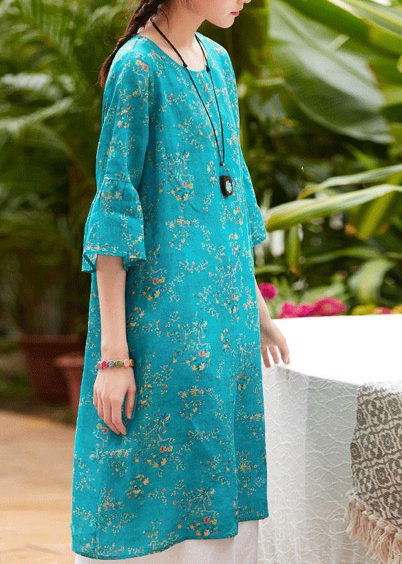 Natural blue print linen clothes o neck flare sleeve Midi summer Dress - SooLinen