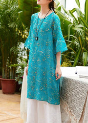 Natural blue print linen clothes o neck flare sleeve Midi summer Dress - SooLinen