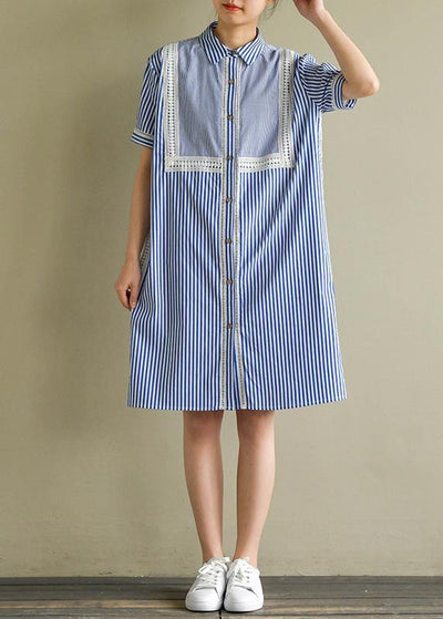 Natural blue striped Cotton for women lapel lantern sleeve cotton summer Dress - SooLinen