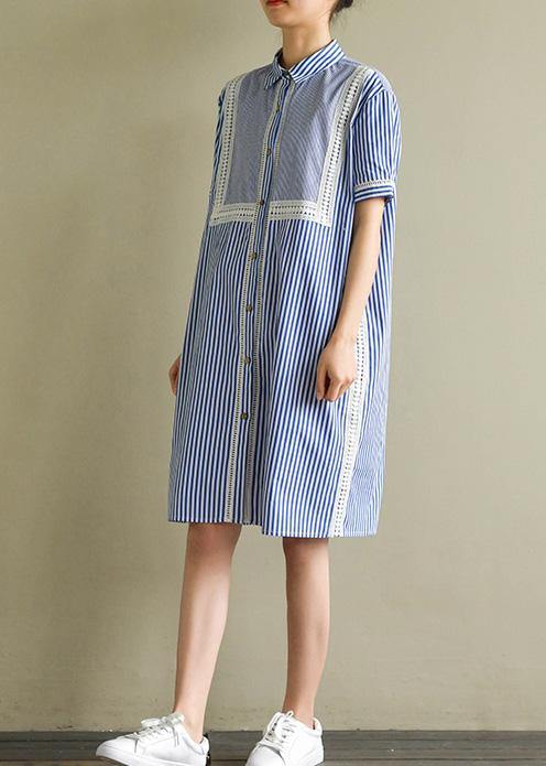 Natural blue striped Cotton for women lapel lantern sleeve cotton summer Dress - SooLinen