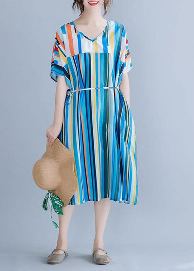 Natural blue striped chiffon dress long plus size Online Shopping v neck patchwork Summer Dress - SooLinen