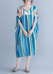 Natural blue striped chiffon dress long plus size Online Shopping v neck patchwork Summer Dress - SooLinen