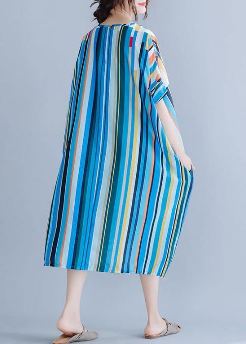 Natural blue striped chiffon dress long plus size Online Shopping v neck patchwork Summer Dress - SooLinen